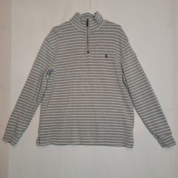 Polo Ralph Lauren Quarter Zip Sweater Striped‎ Grey White Mens Size L Pullover - Picture 1 of 8